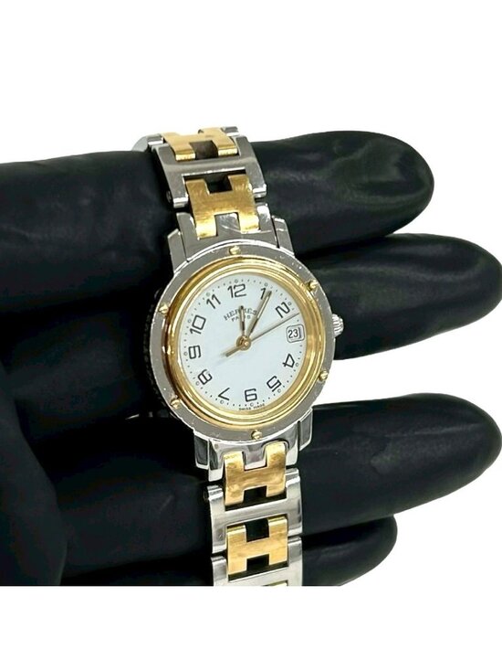 Hermes Clipper Stainless Steel Quartz Watch Wristwatch Silver Gold main image 8